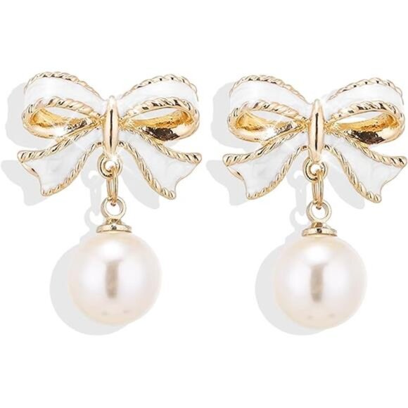 Gold Pearl Bow Earrings - Trendy White Coquette Ribbon Dangle Jewelry for Women - Picture 7 of 7